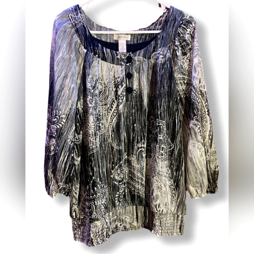 Dressbarn Detailed Black/Grey/White Blouse With Buttons, Size 18/20